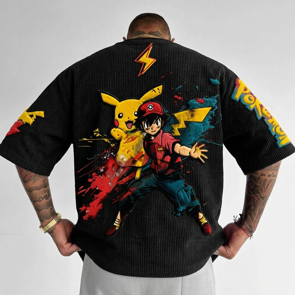 Unisex Anime-Style Retro Corduroy Oversized T-Shirt