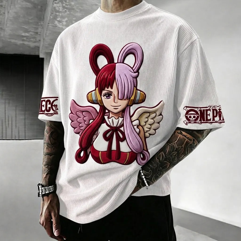 Unisex Anime-Style Retro Corduroy Oversized T-Shirt
