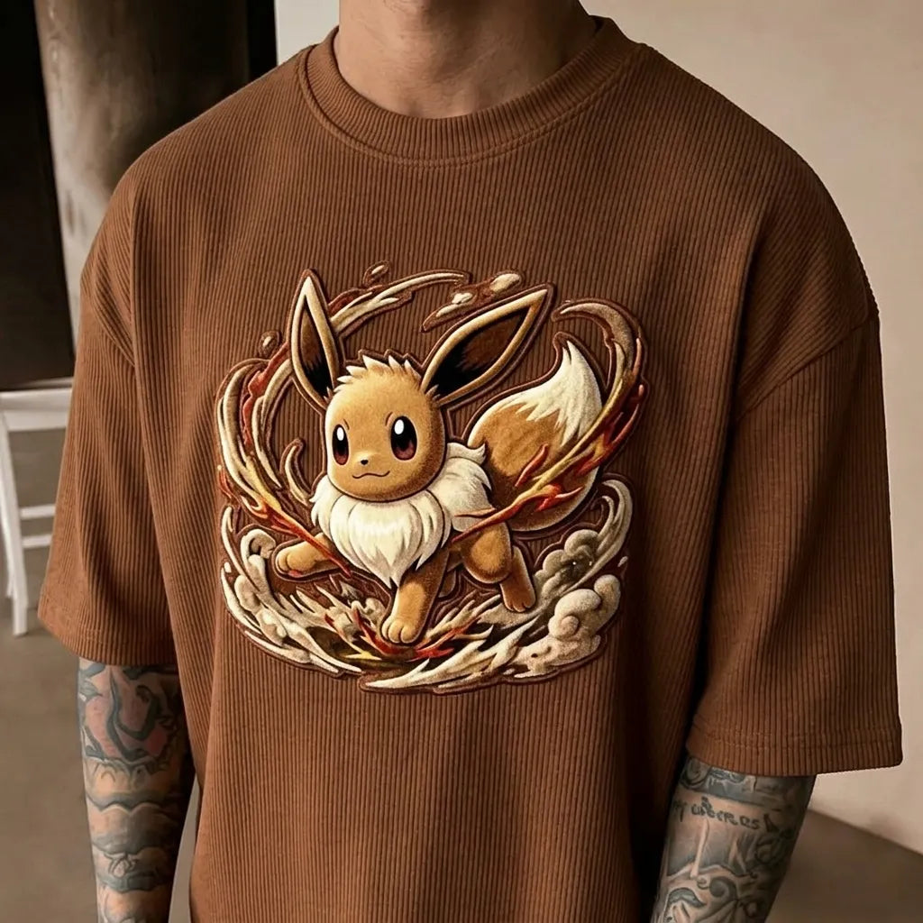 Unisex Anime-Style Retro Corduroy Oversized T-Shirt