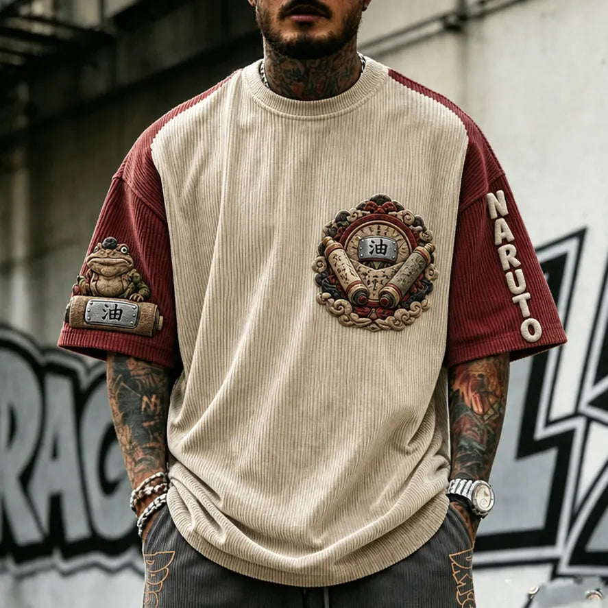 Unisex Oversized Anime-Print Vertical-Stripe Short-Sleeve T-Shirt