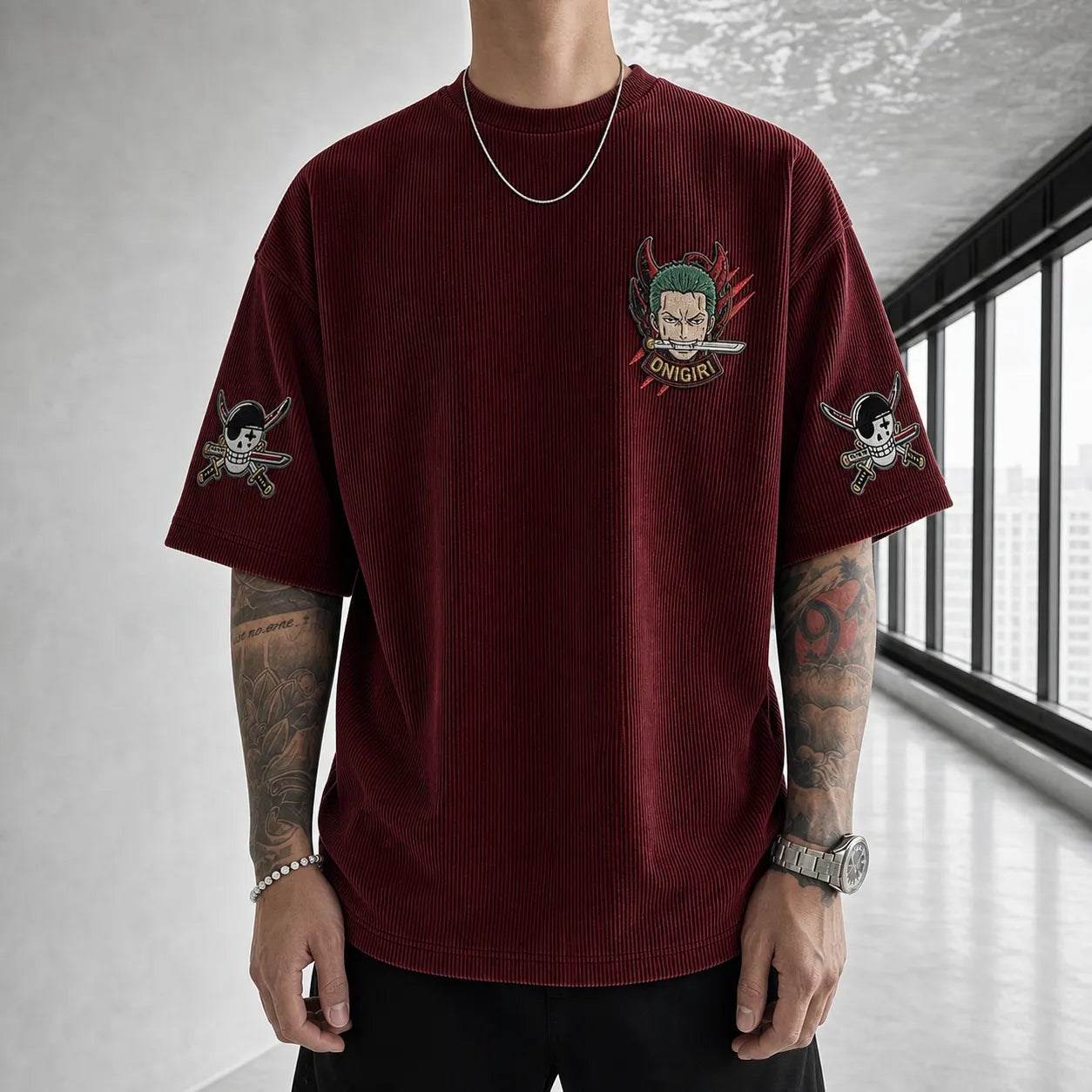 Unisex Oversized Anime-Print Vertical-Stripe Short-Sleeve T-Shirt
