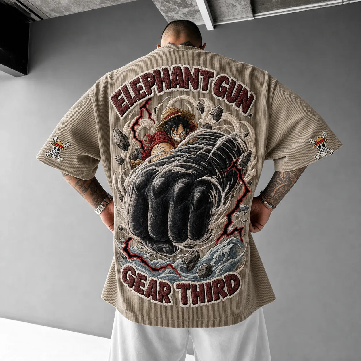 Premium Cotton-Blend Corduroy T-Shirt with Embroidered Patch – Oversized Graphic Tee for Casual Streetwear