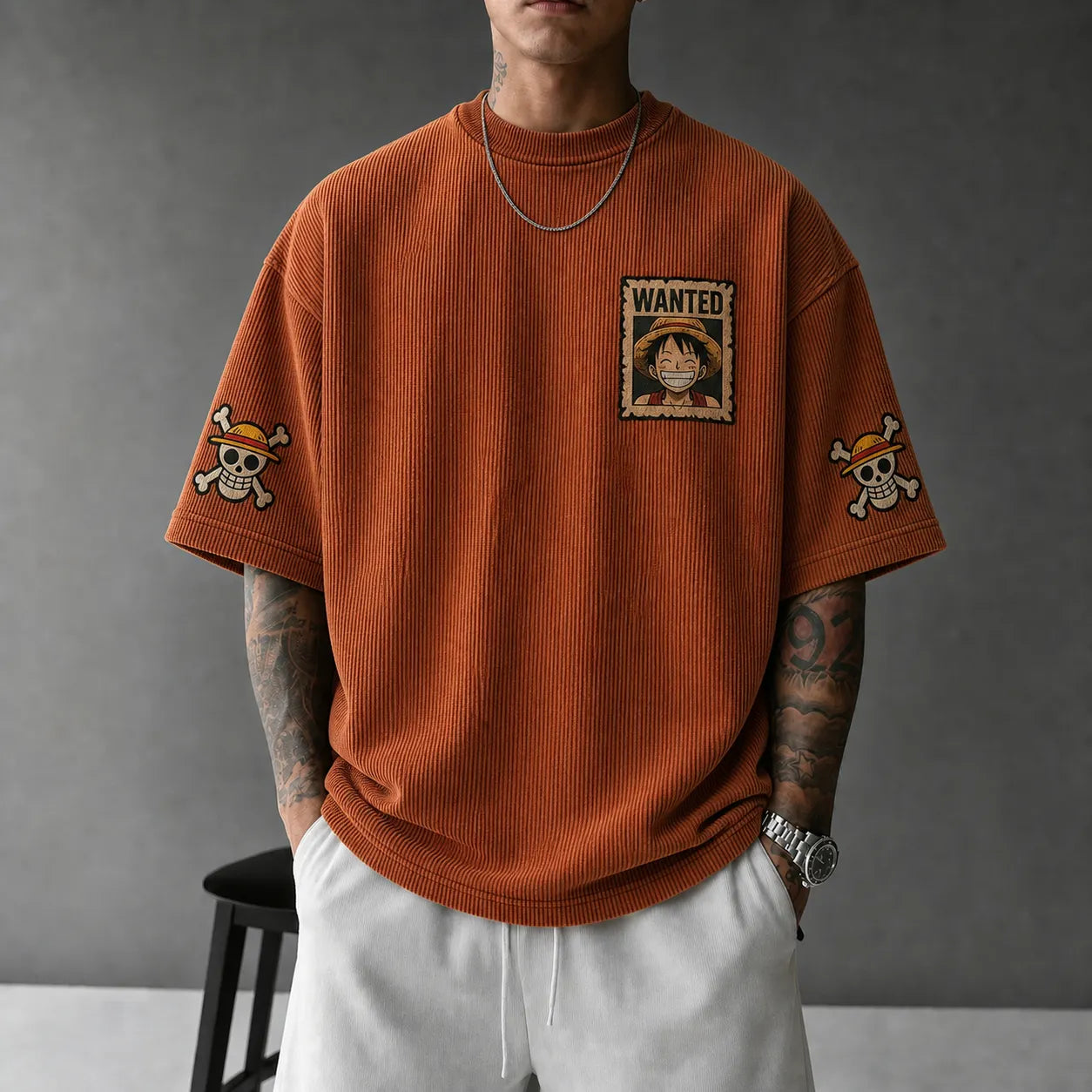 Premium Cotton-Blend Corduroy T-Shirt with Embroidered Patch – Oversized Graphic Tee for Casual Streetwear
