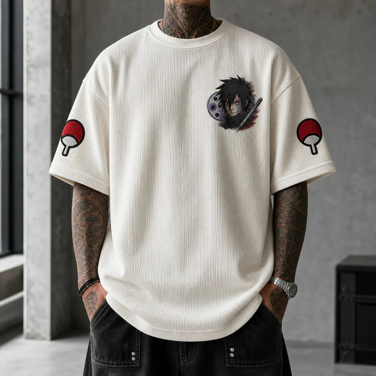 Unisex Oversized Anime-Print Vertical-Stripe Short-Sleeve T-Shirt