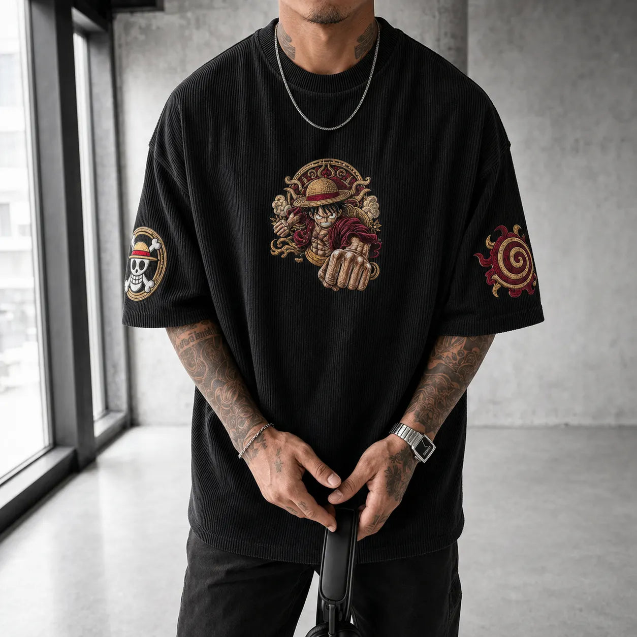 Unisex Anime-Style Retro Corduroy Oversized T-Shirt