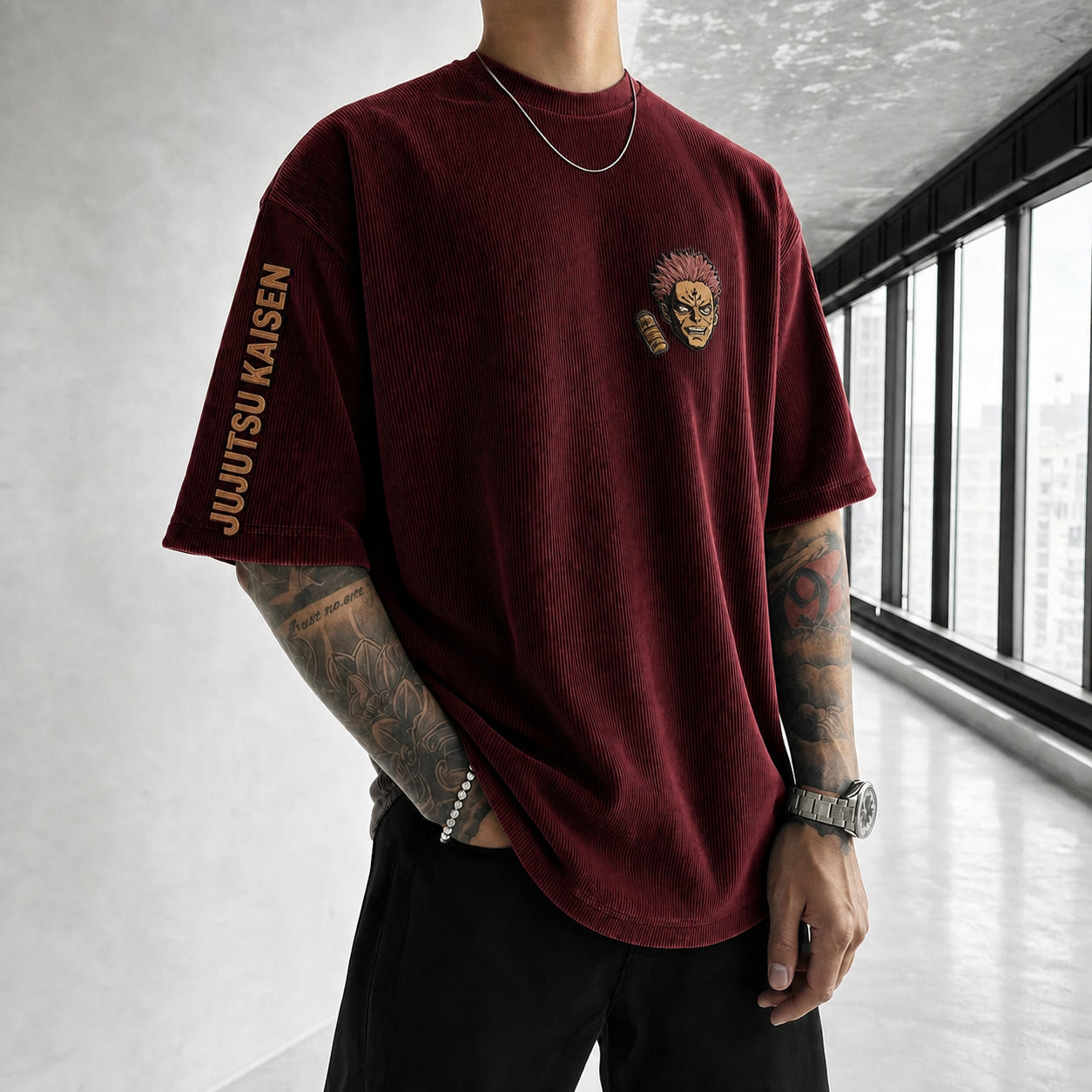 Unisex Anime Print Short-Sleeve Corduroy T-Shirt