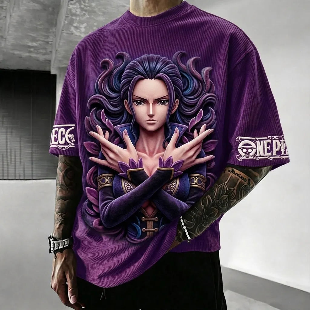 Unisex Anime-Style Retro Corduroy Oversized T-Shirt