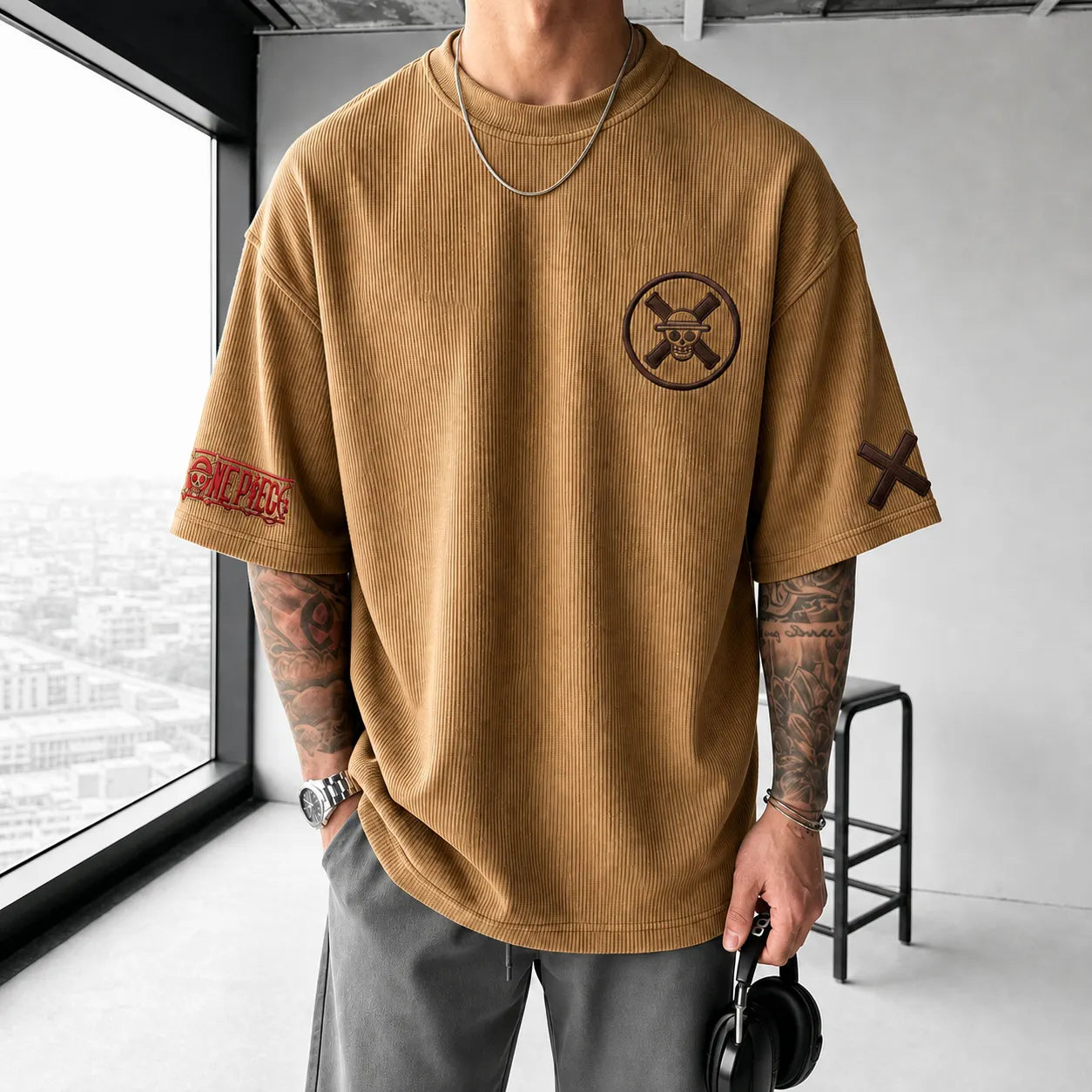 Unisex Short-Sleeve Corduroy T-Shirt With Anime Print