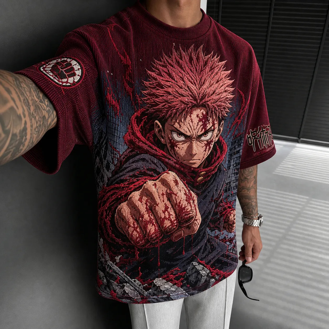 Unisex Anime Print Short-Sleeve Corduroy T-Shirt