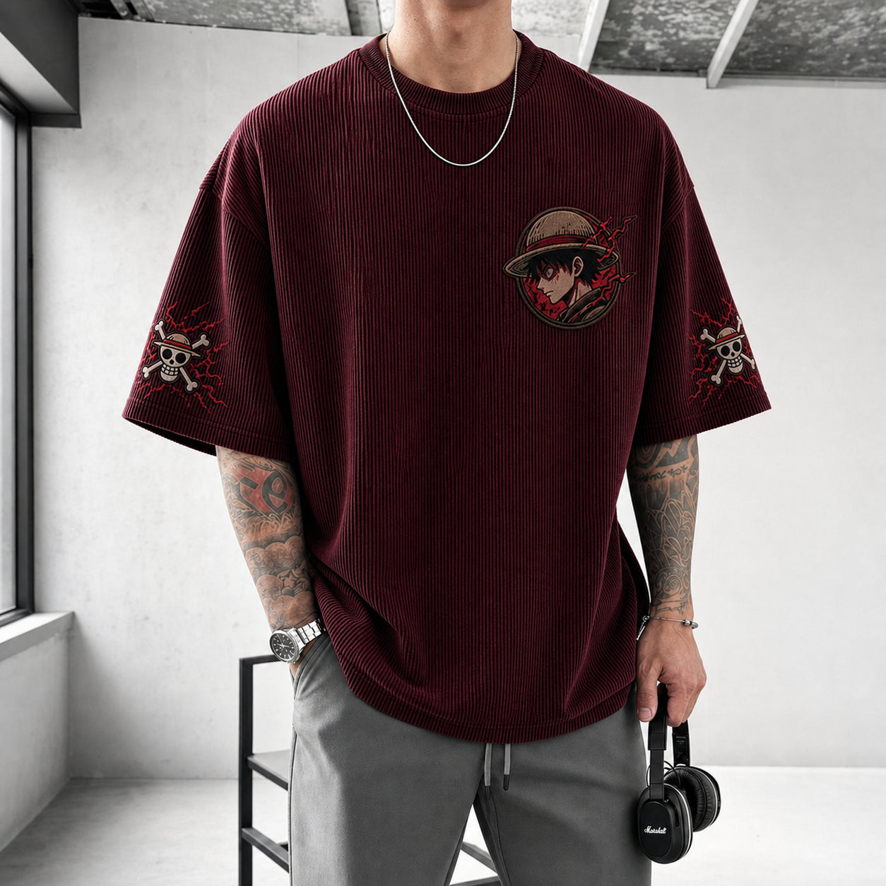 Premium Cotton-Blend Corduroy T-Shirt with Embroidered Patch – Oversized Graphic Tee for Casual Streetwear