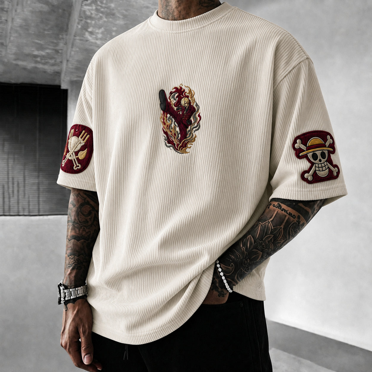 Unisex Anime-Style Retro Corduroy Oversized T-Shirt