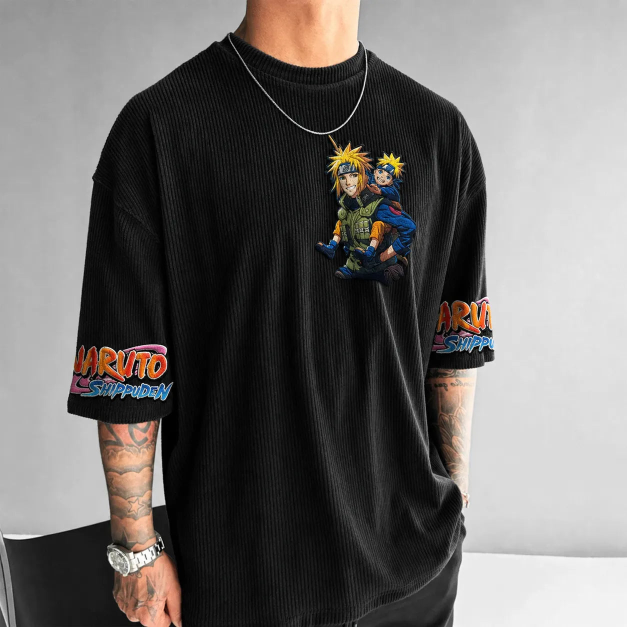 Naruto Shippuden Embroidered Graphic Tee – Premium Cotton Blend Oversized T-Shirt with Iconic Character Art and Sleeve Logo