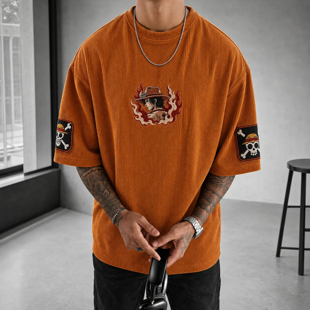Unisex Anime-Style Retro Corduroy Oversized T-Shirt