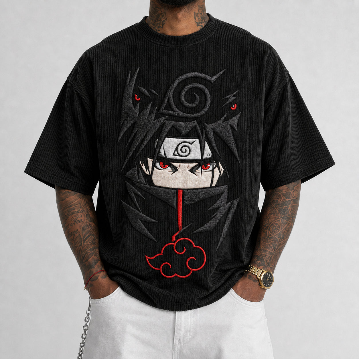 Premium Cotton-Blend Corduroy T-Shirt Featuring Embroidered Anime Character Design, Oversized Fit, Short Sleeve Graphic Tee for Casual Wear