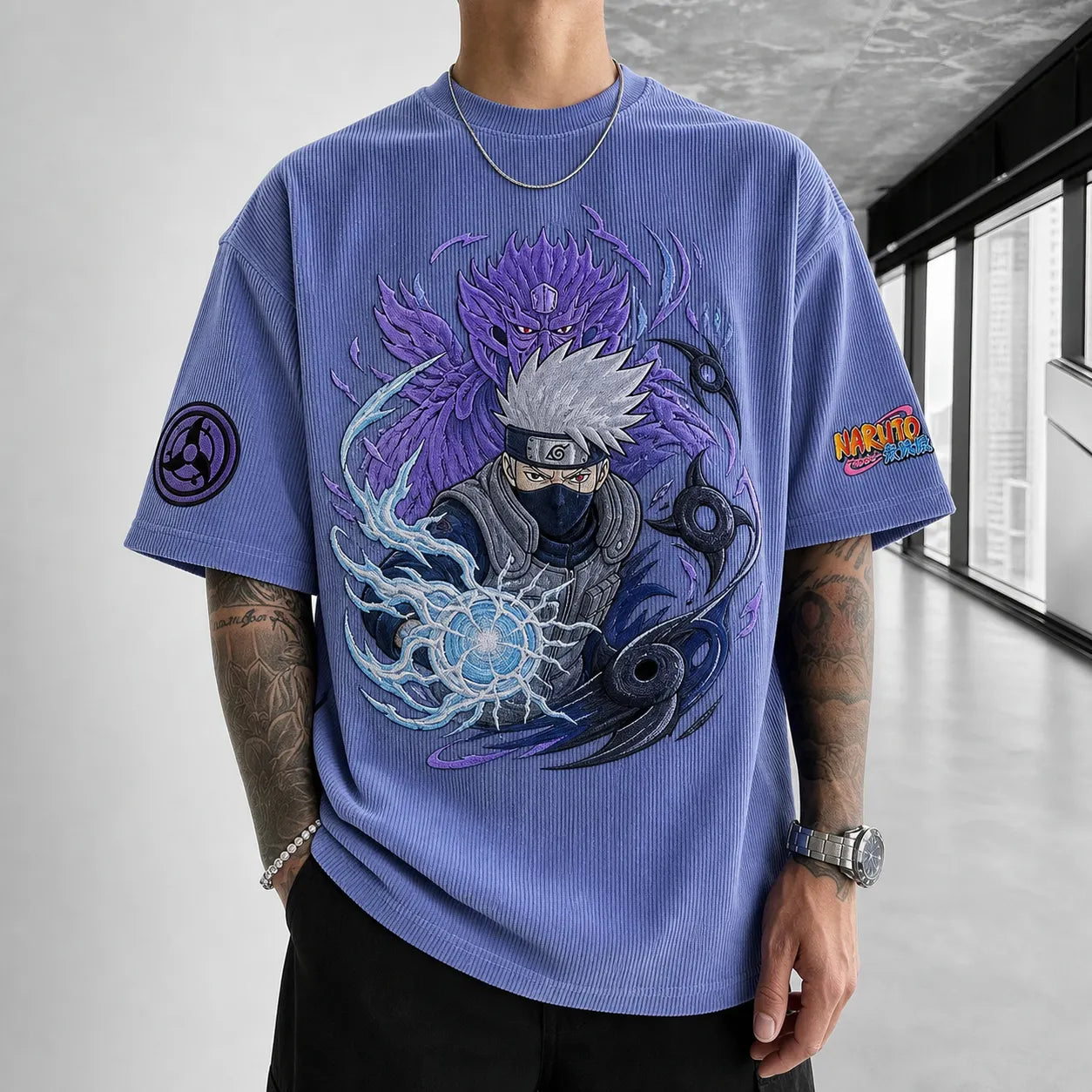 Unisex Oversized Anime-Print Vertical-Stripe Short-Sleeve T-Shirt