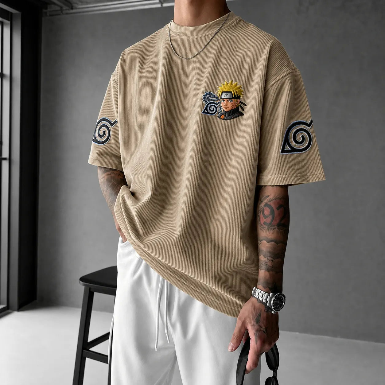 Unisex Oversized Anime-Print Vertical-Stripe Short-Sleeve T-Shirt