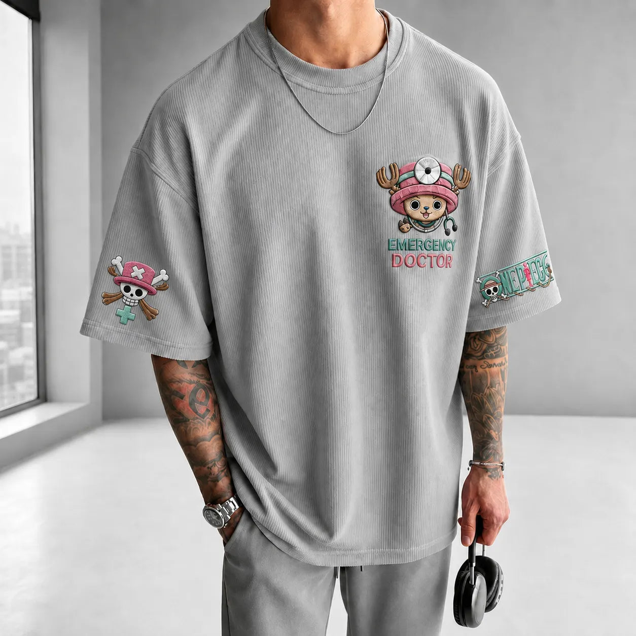 Unisex Short-Sleeve Corduroy T-Shirt With Anime Print