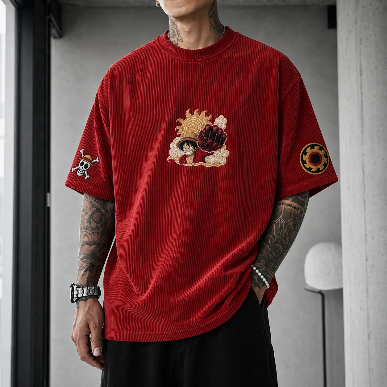 Unisex Anime-Style Retro Corduroy Oversized T-Shirt