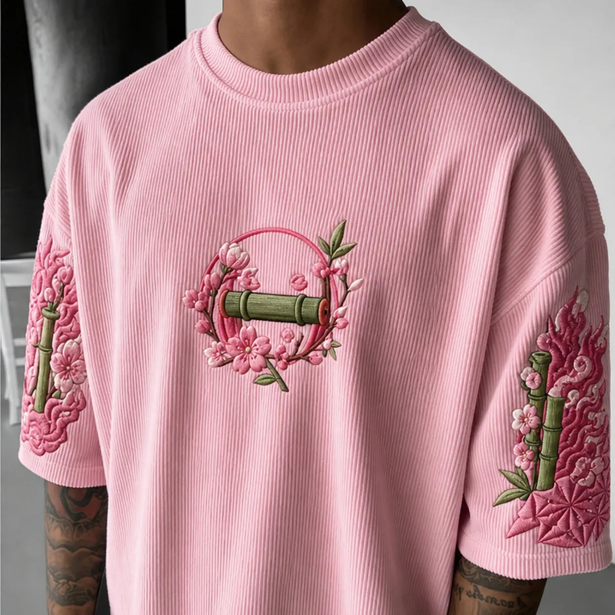 Unisex Anime-Style Retro Corduroy Oversized T-Shirt