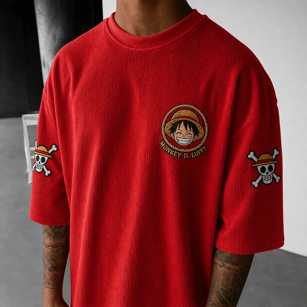 Premium Cotton-Blend Corduroy T-Shirt with Embroidered Patch – Oversized Graphic Tee for Casual Streetwear