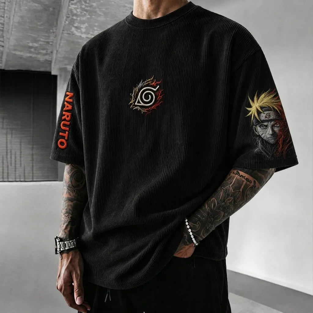Naruto-Themed Corduroy Tee – Premium Cotton-Blend Oversized T-Shirt with Embroidered Leaf Symbol and Sleeve Art