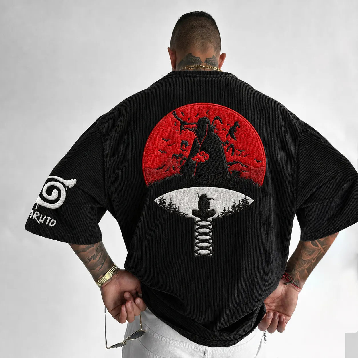 Naruto-Inspired Corduroy T-Shirt – Premium Cotton-Blend Fabric, Oversized Fit, Embroidered Uchiha Crest & Red Moon Graphic, Streetwear Tee