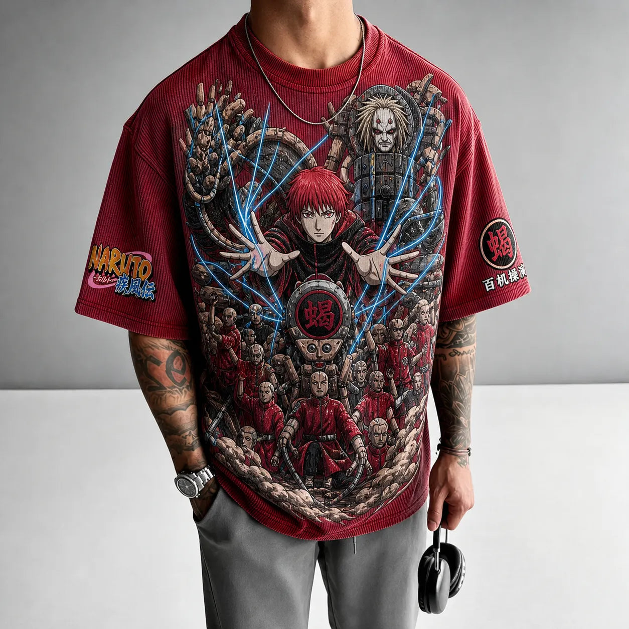 Unisex Oversized Anime-Print Vertical-Stripe Short-Sleeve T-Shirt