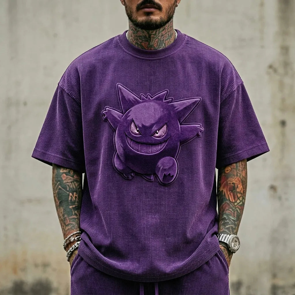 Unisex Anime-Style Retro Corduroy Oversized T-Shirt