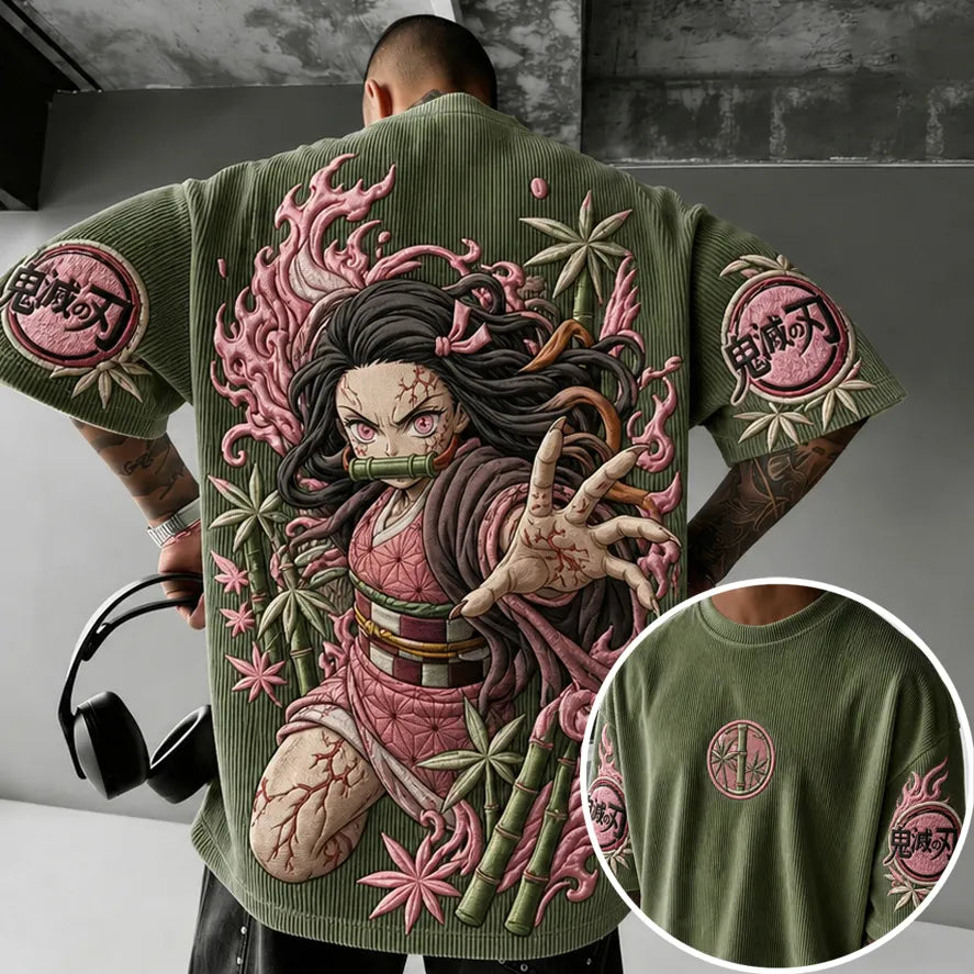 Unisex Oversized Anime-Print Vertical-Stripe Short-Sleeve T-Shirt