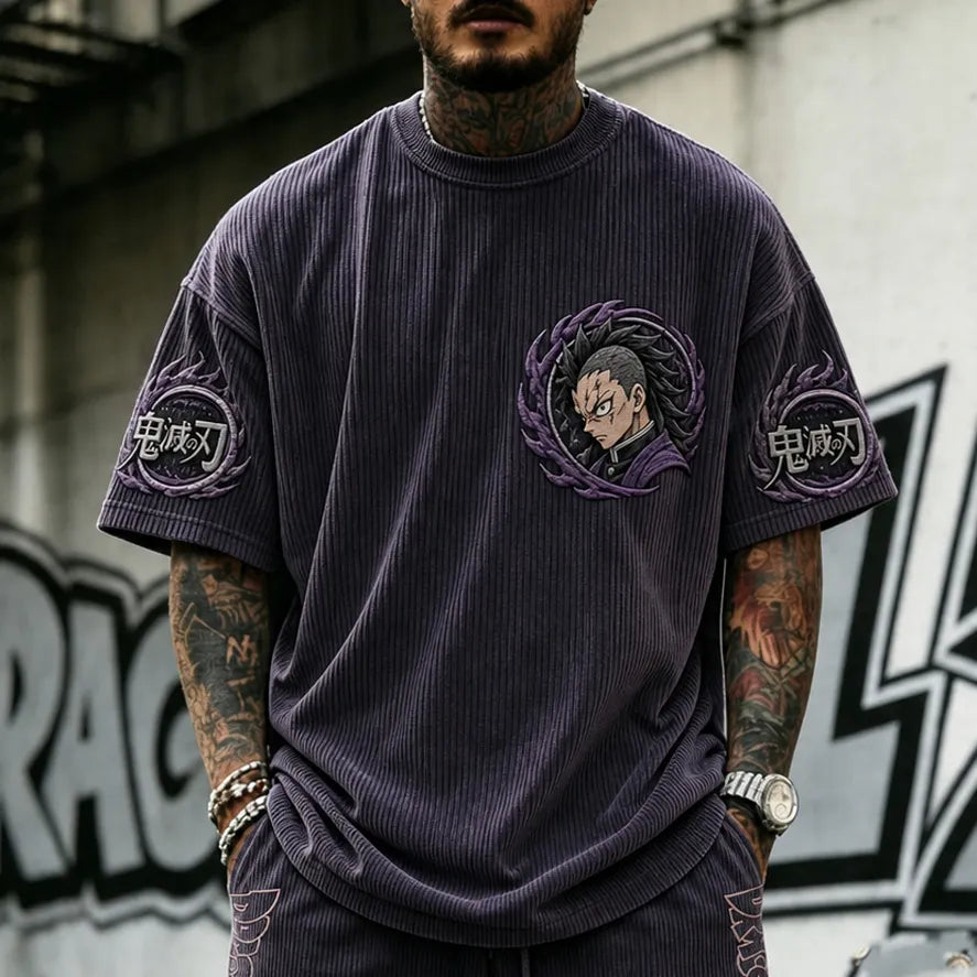 Unisex Oversized Anime-Print Vertical-Stripe Short-Sleeve T-Shirt