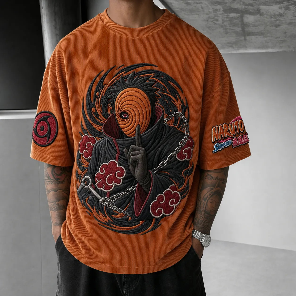 Unisex Oversized Anime-Print Vertical-Stripe Short-Sleeve T-Shirt