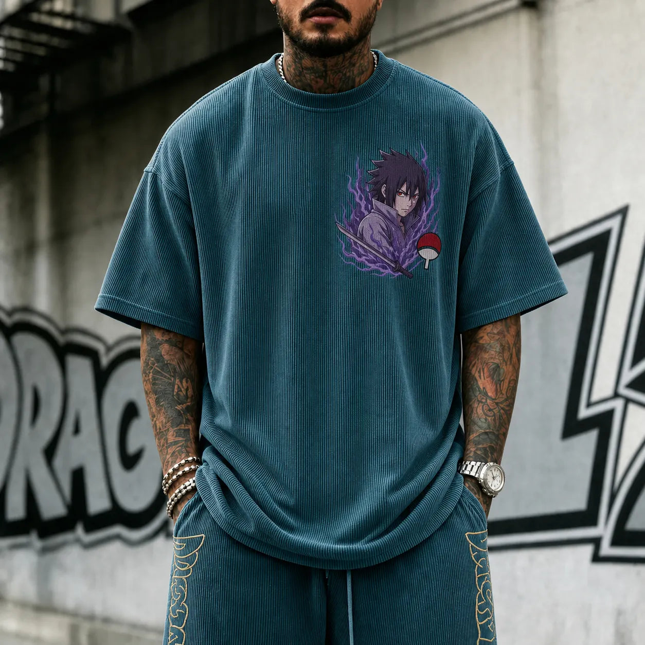 Unisex Oversized Anime-Print Vertical-Stripe Short-Sleeve T-Shirt