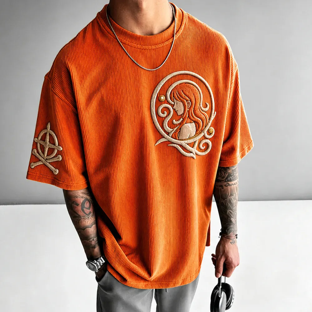 Unisex Anime-Style Retro Corduroy Oversized T-Shirt
