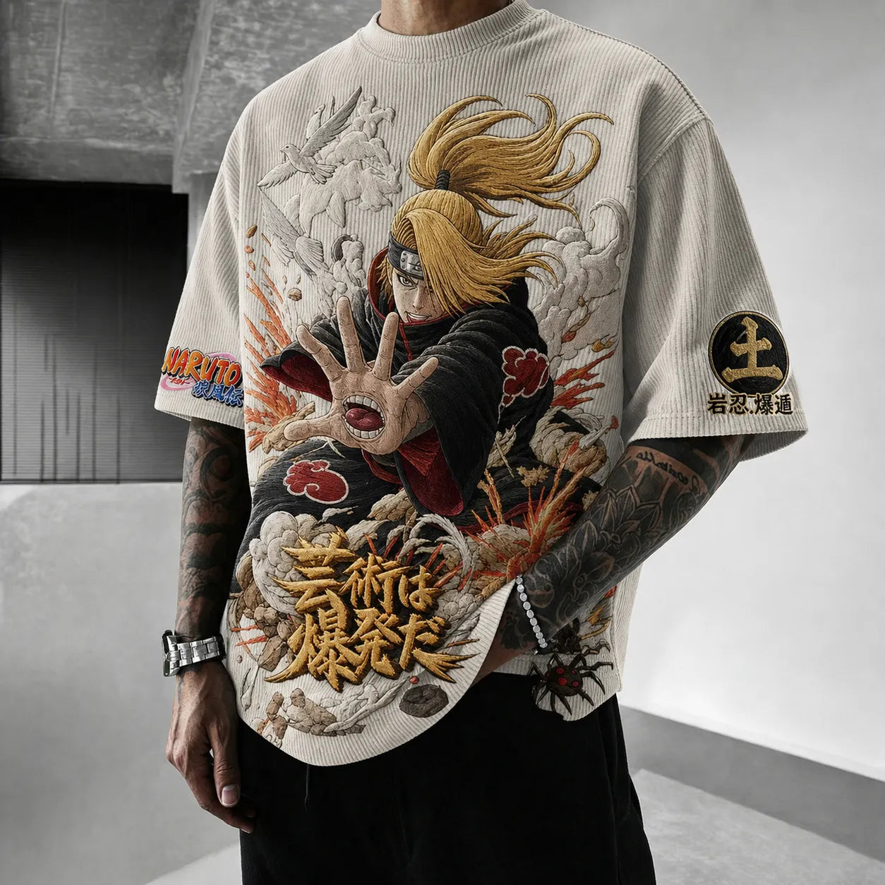Unisex Oversized Anime-Print Vertical-Stripe Short-Sleeve T-Shirt