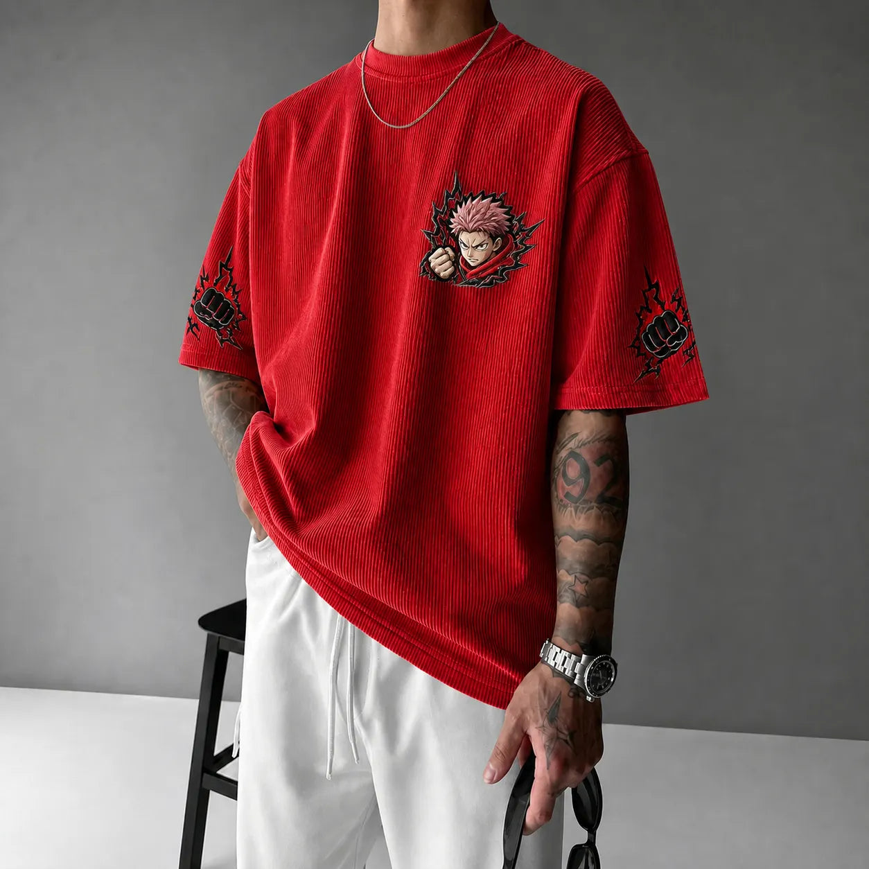 Unisex Anime Print Short-Sleeve Corduroy T-Shirt