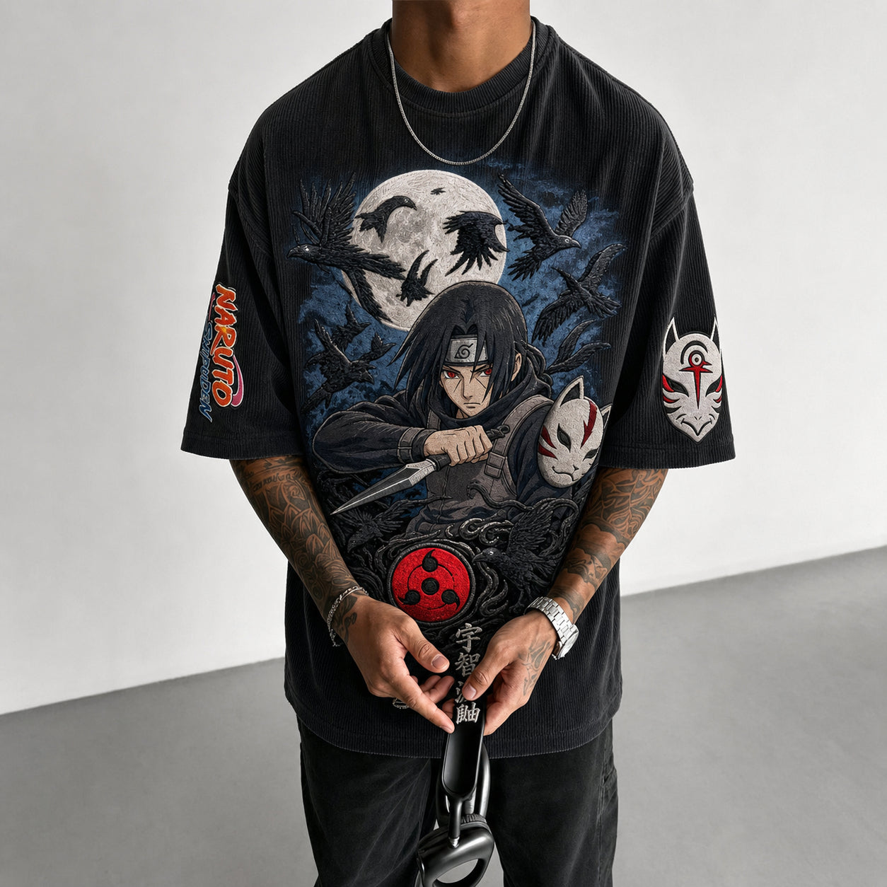 Unisex Oversized Anime-Print Vertical-Stripe Short-Sleeve T-Shirt