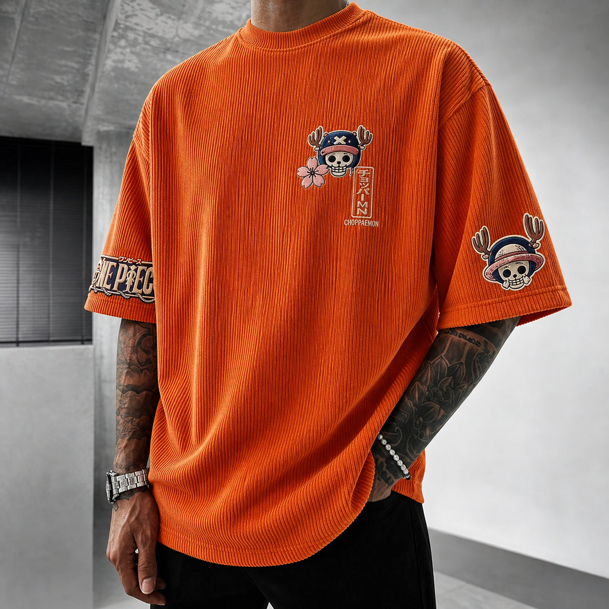 Unisex Short-Sleeve Corduroy T-Shirt With Anime Print