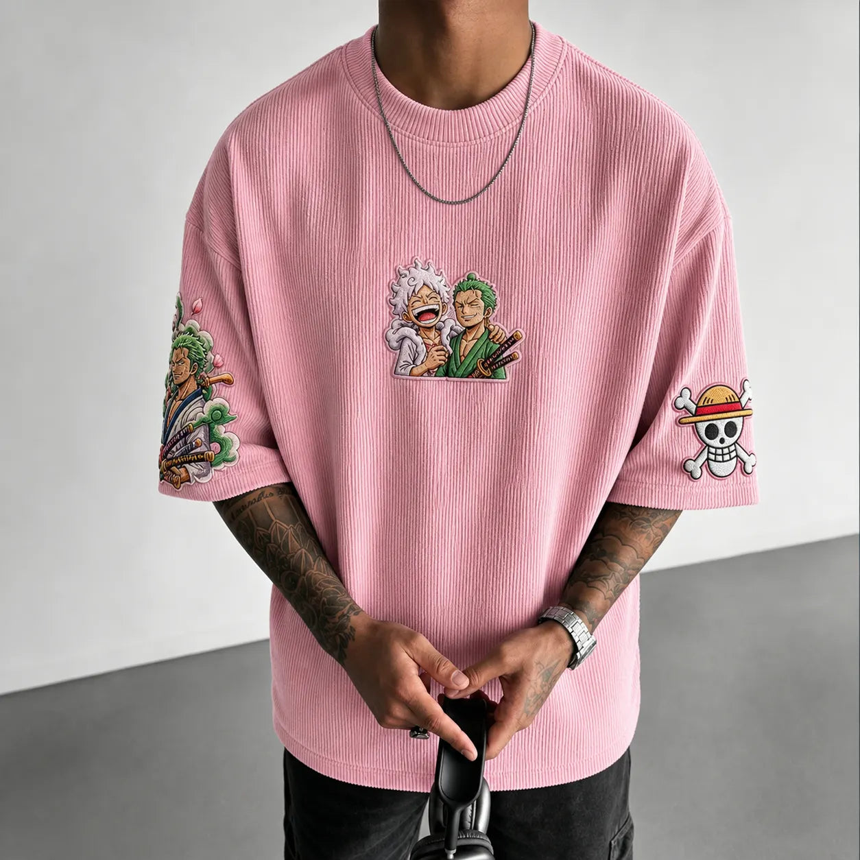 Premium Cotton-Blend Ribbed Knit T-Shirt with Anime Character Embroidery – Oversized Crewneck Streetwear Top