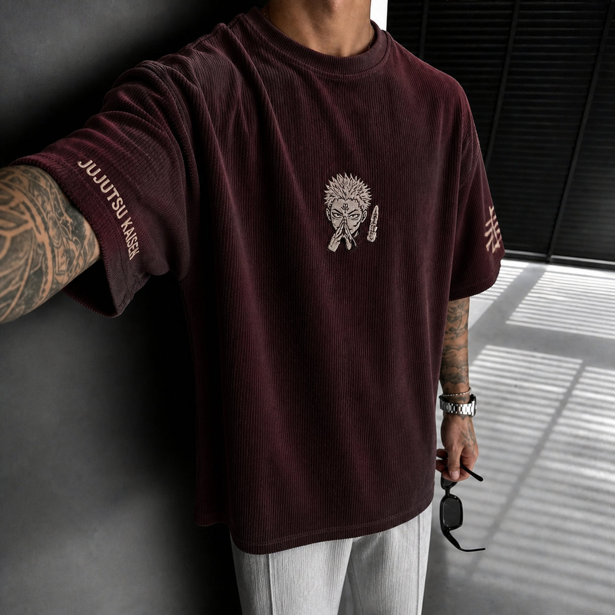 Unisex Anime Print Short-Sleeve Corduroy T-Shirt