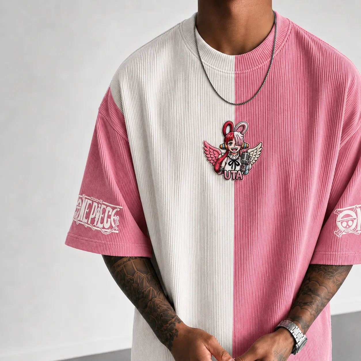 Unisex Anime-Style Retro Corduroy Oversized T-Shirt