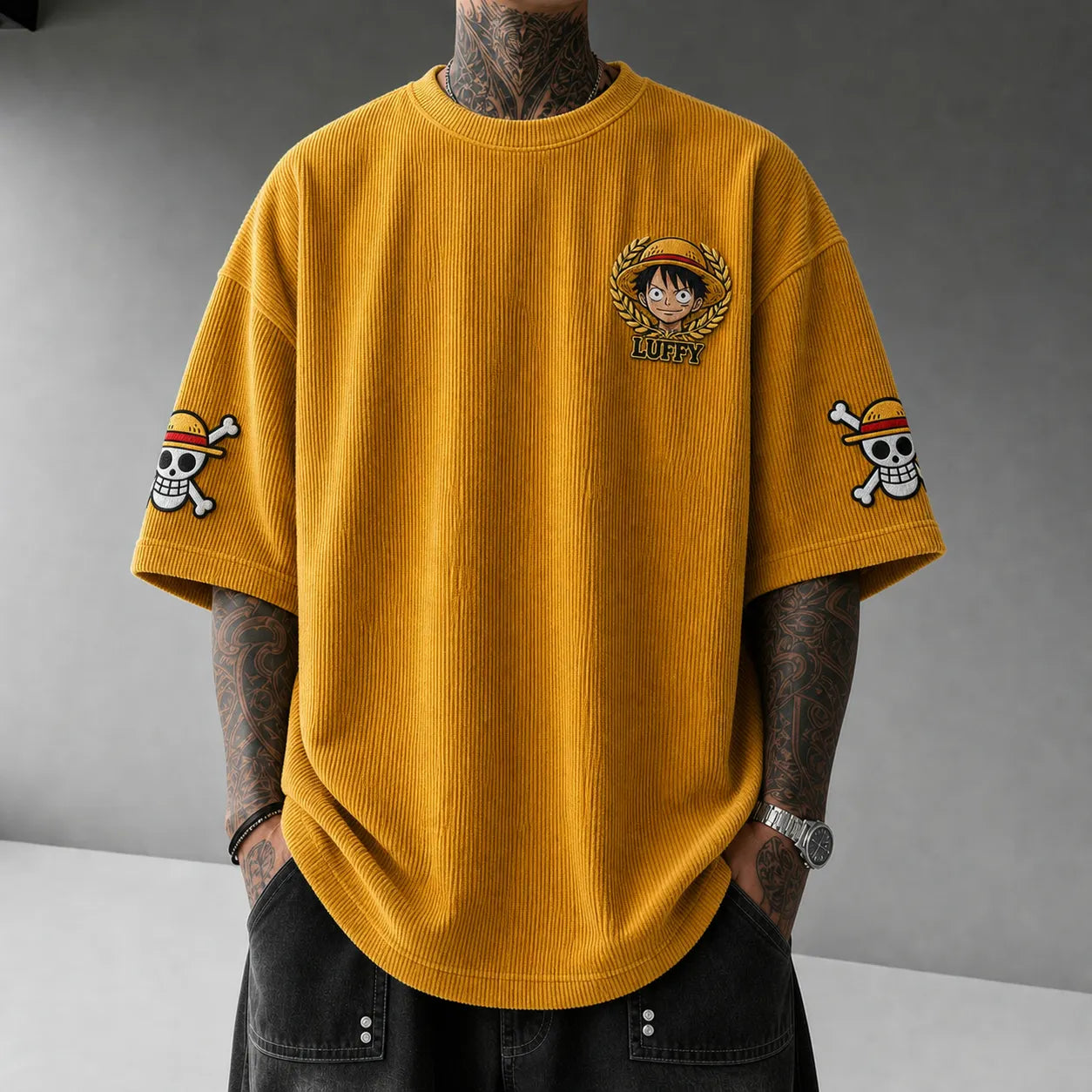 Premium Cotton-Blend Corduroy T-Shirt with Embroidered Patch – Oversized Graphic Tee for Casual Streetwear