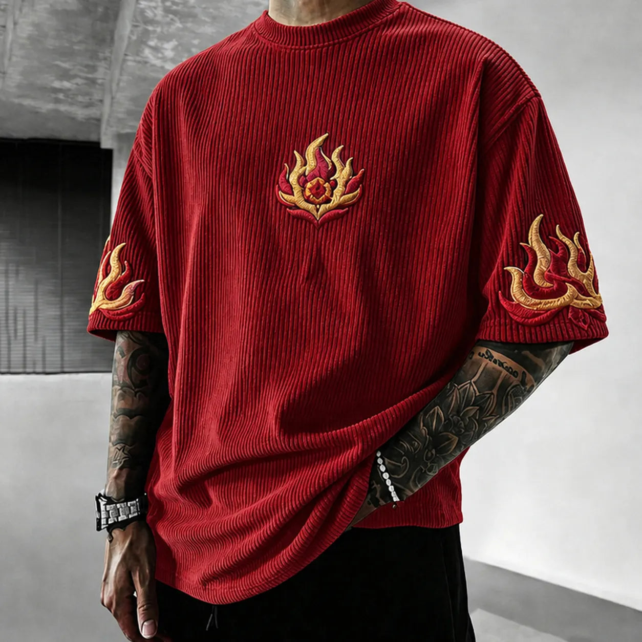 Unisex Anime-Style Retro Corduroy Oversized T-Shirt