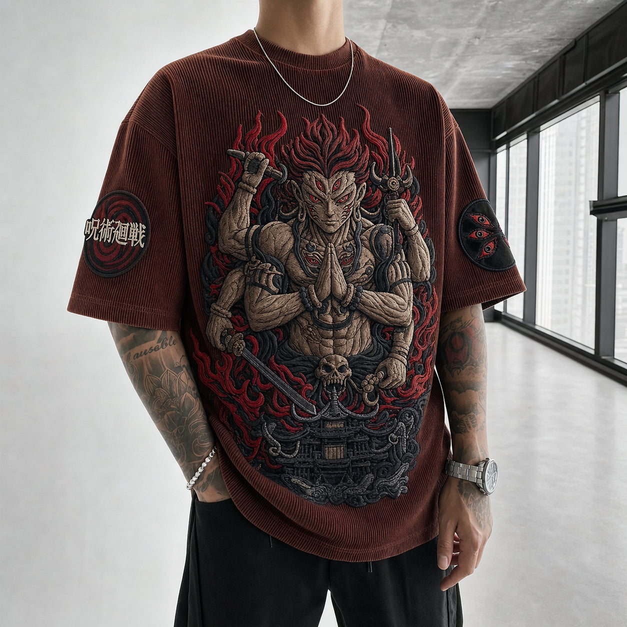 Unisex Anime Print Short-Sleeve Corduroy T-Shirt