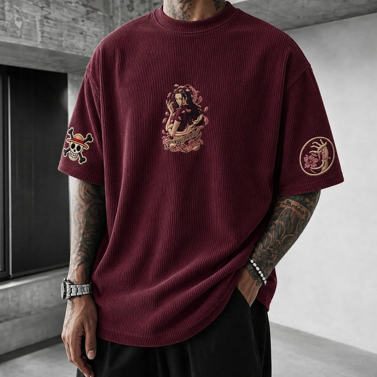 Unisex Anime-Style Retro Corduroy Oversized T-Shirt