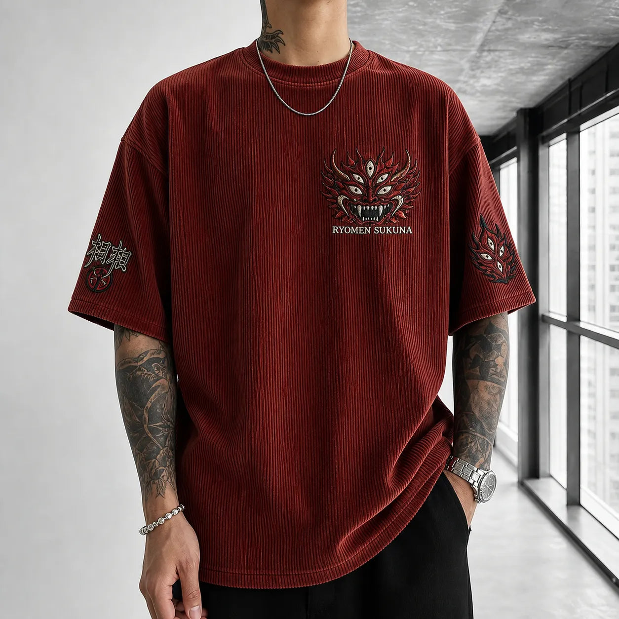 Unisex Anime Print Short-Sleeve Corduroy T-Shirt