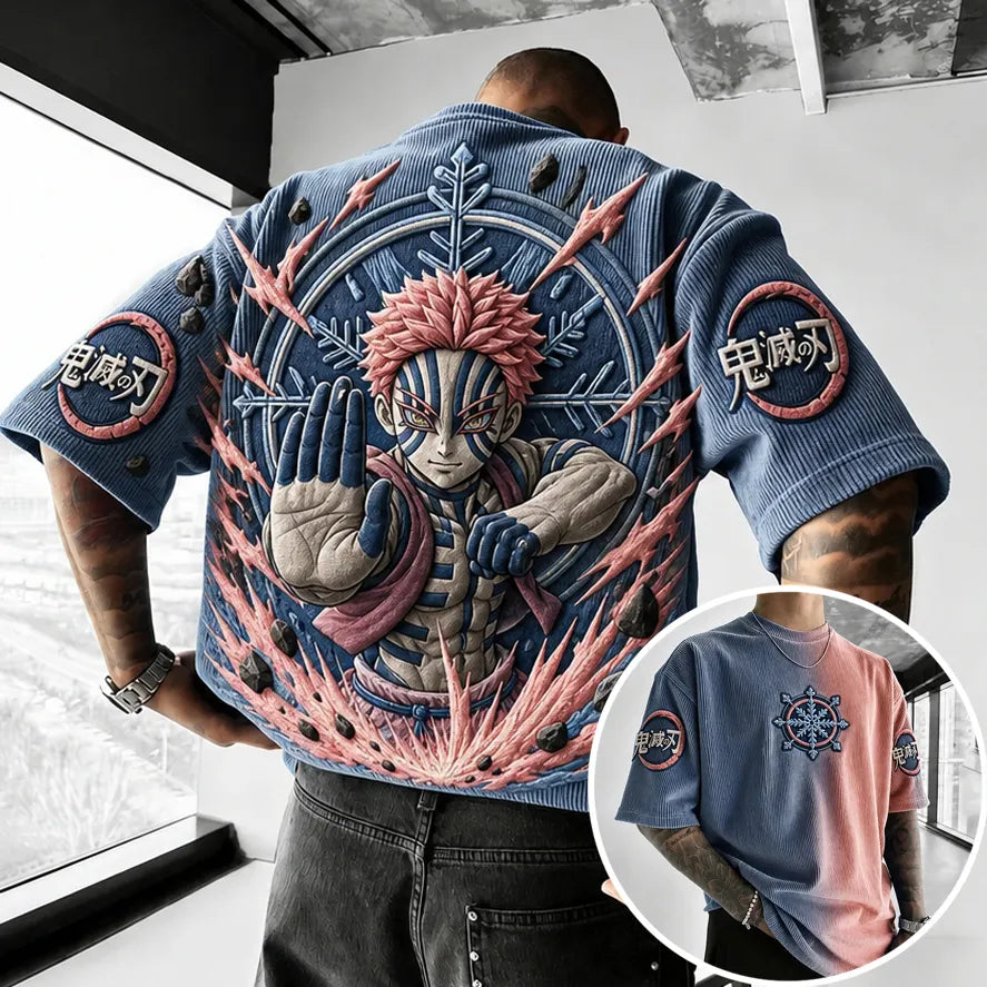 Unisex Oversized Anime-Print Vertical-Stripe Short-Sleeve T-Shirt