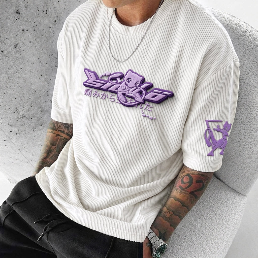 Unisex Anime-Style Retro Corduroy Oversized T-Shirt