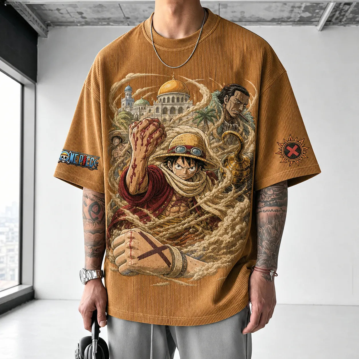 Unisex Short-Sleeve Corduroy T-Shirt With Anime Print