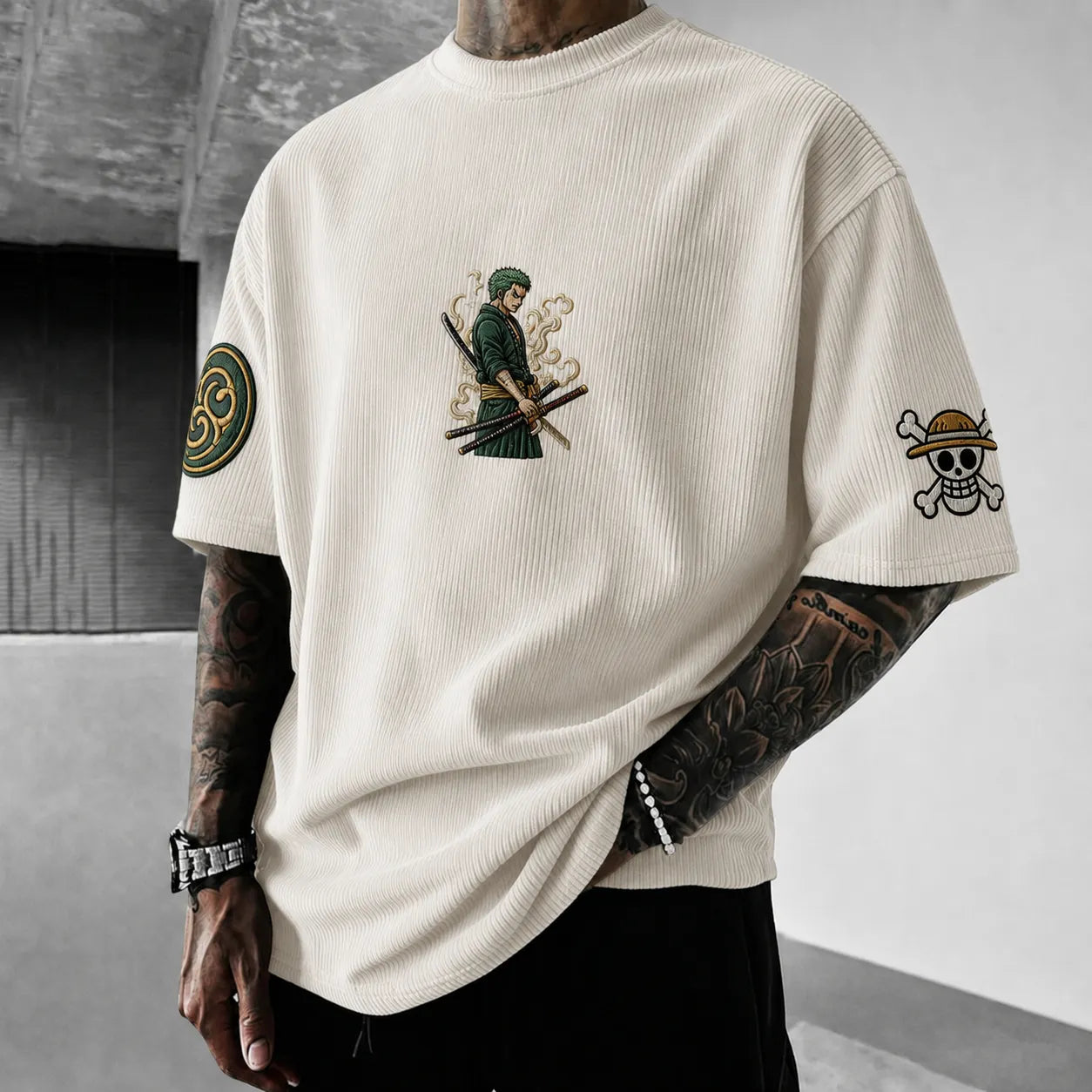 Unisex Anime-Style Retro Corduroy Oversized T-Shirt
