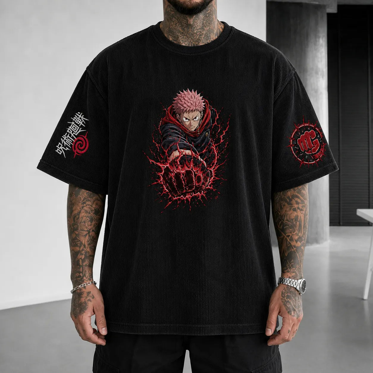 Unisex Anime Print Short-Sleeve Corduroy T-Shirt